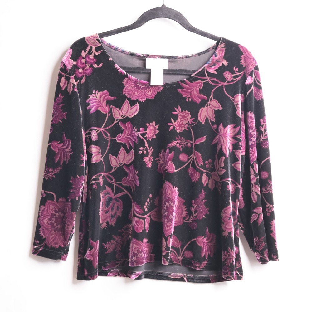 VTG Worthington Black Velvet Purple Floral Blouse Whimsigoth XL 3/4 Sleeve Boho
